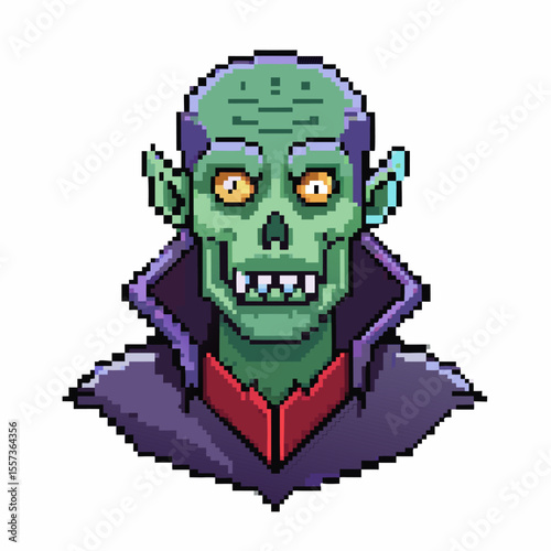 Retro Pixel Art Green Zombie with Fangs and Purple Cape