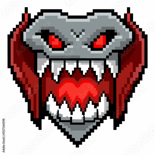 Pixel Art Monster with Red Eyes and Sharp Teeth   Retro Gaming Icon