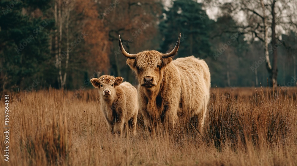 Highland cattle mother and calf in a field Highland cattle mother and calf in a field