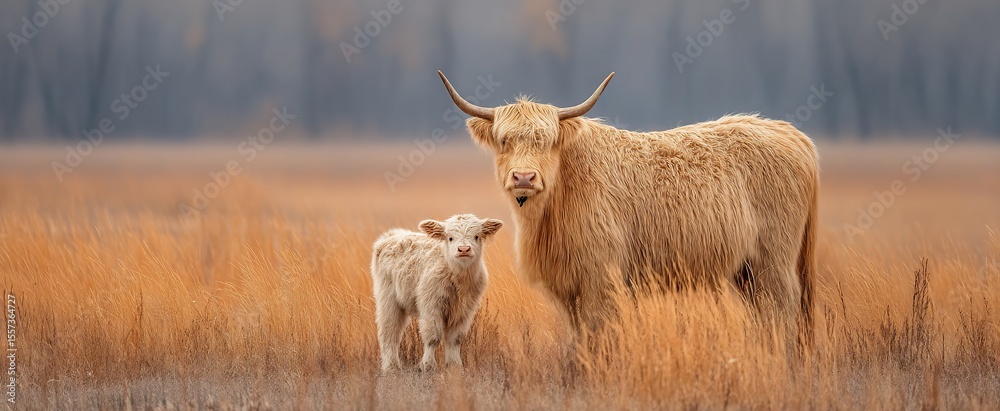 Fototapeta premium Highland Cattle Mother and Calf in Field