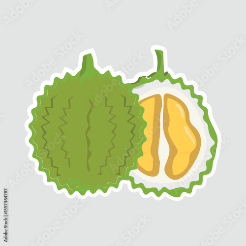 Durian Vector Illustration Sticker. A durian vector illustration sticker, featuring a whole and sliced durian fruit. Perfect for food-related designs, tropical themes, and exotic fruit lovers