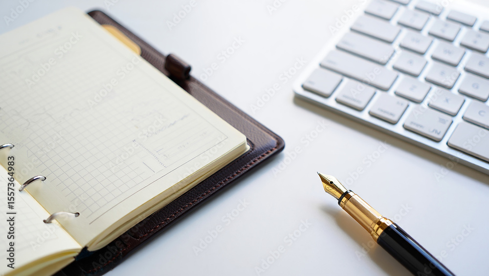 Notebook and pen on an office desk, ready for business notes or a blank diary entry, AI generated Notebook and pen on an office desk, ready for business notes or a blank diary entry, AI generated