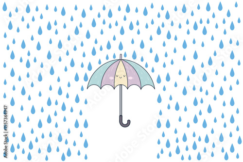 Flat cartoon umbrella in soft rain, vector pastel illustration ideal for nursery backgrounds, kids prints, seasonal themes, and baby shower graphics
