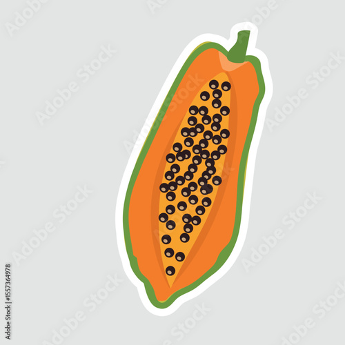 Papaya Vector Illustration Sticker. Simple vector illustration of a ripe papaya cut in half, showing seeds. Perfect for food, tropical fruit, and healthy diet themes