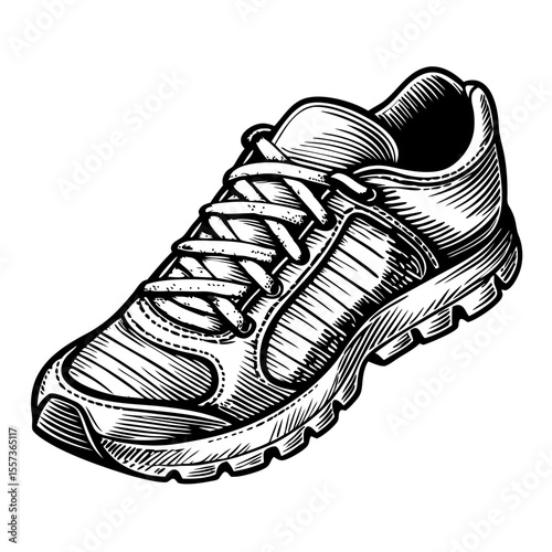 Hand-Drawn Engraving of a Running Shoe for Fitness Blogs, Sports Websites, Footwear Design, Healthy Lifestyle Articles, and Running Events Marketing  
