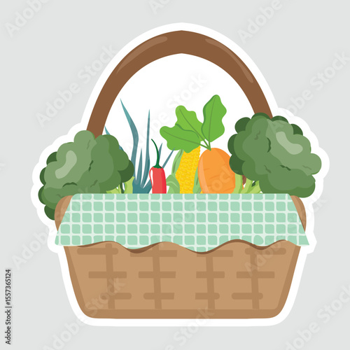 Vegetable Basket Vector Illustration Sticker. A colorful vegetable basket vector illustration sticker. Ideal for food, organic farming, and healthy lifestyle designs