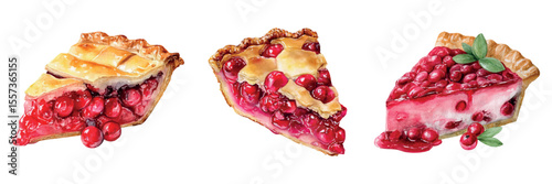 Watercolor slices of homemade pies with berries. Sliced ​​pieces of sweet pies with berries of cranberries, cherries, etc. and decorated with a sprig of mint. Concept of rural food. 