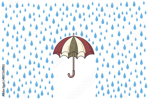 Vector flat design of umbrella under the rain with soft blue drops, cartoon pastel style for baby shower decorations, children’s storybook themes, and weather-related graphics
