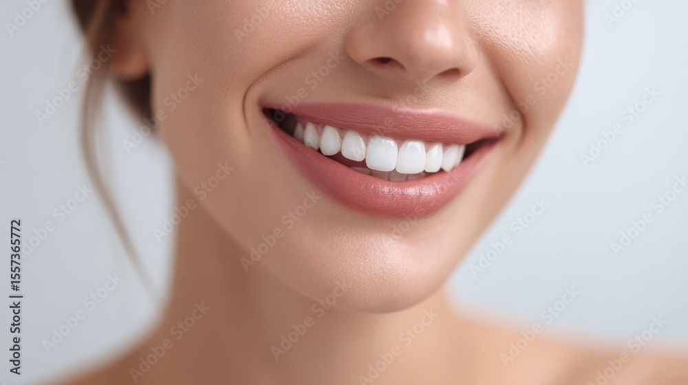 Obraz premium A close-up of a woman’s bright, healthy smile showcasing white teeth and smooth skin