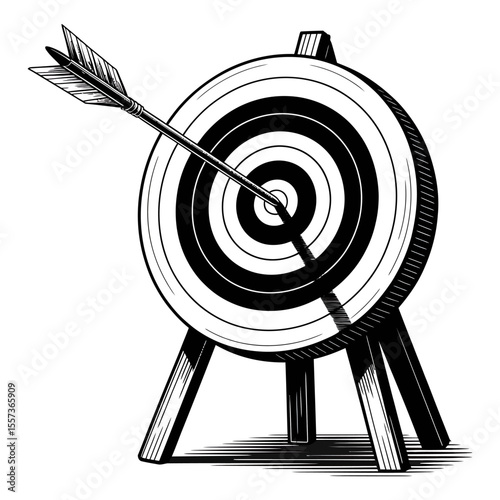 Achieving the Bullseye A Black and White Woodcut Illustration of Archery Target