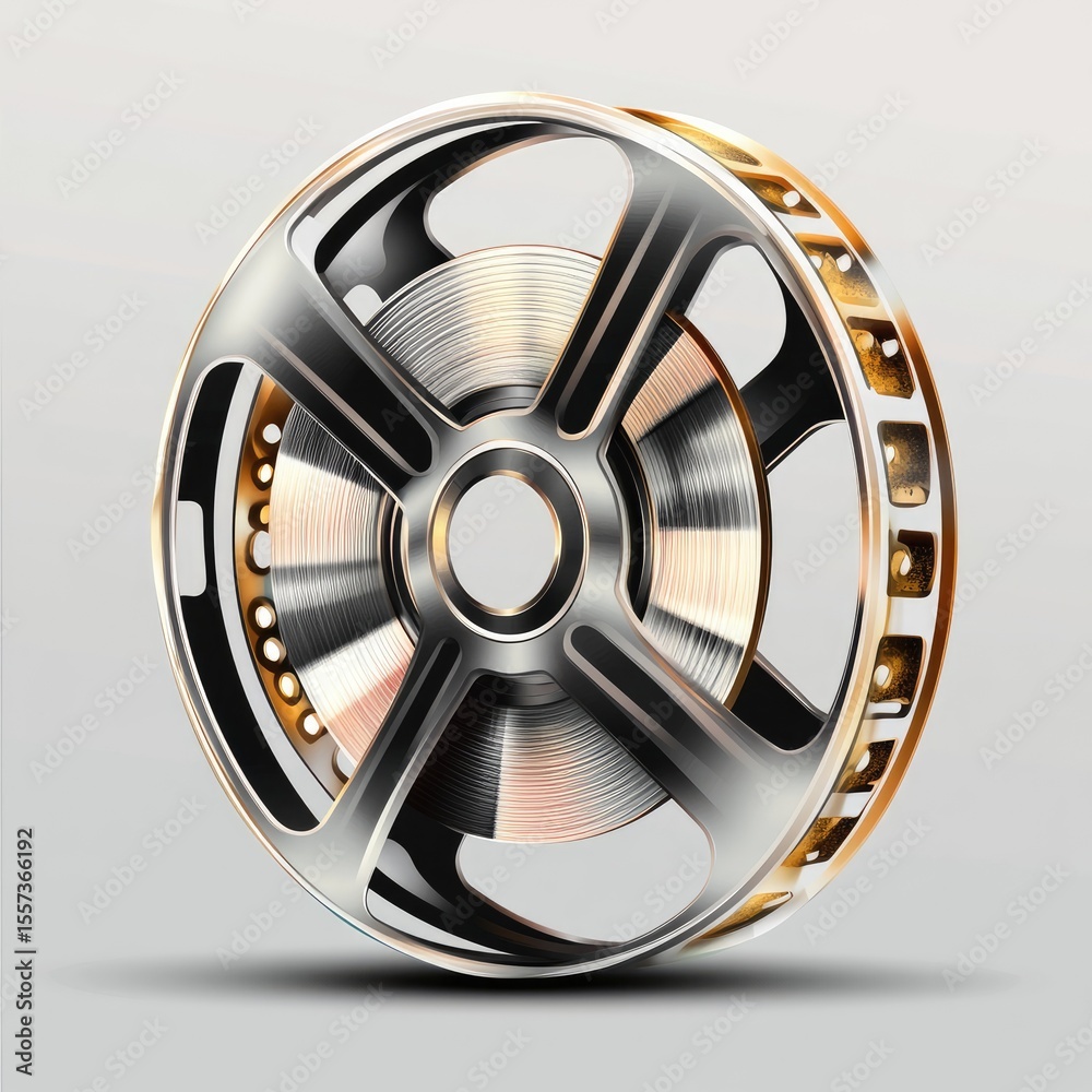 Obraz premium Metallic film reel, detailed 3D model