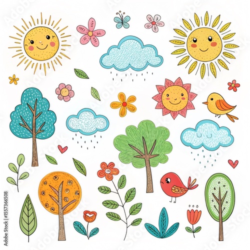 Whimsical hand-drawn doodle set of cheerful sun, clouds, trees, birds, and flowers in a vibrant springtime nature scene on white background.