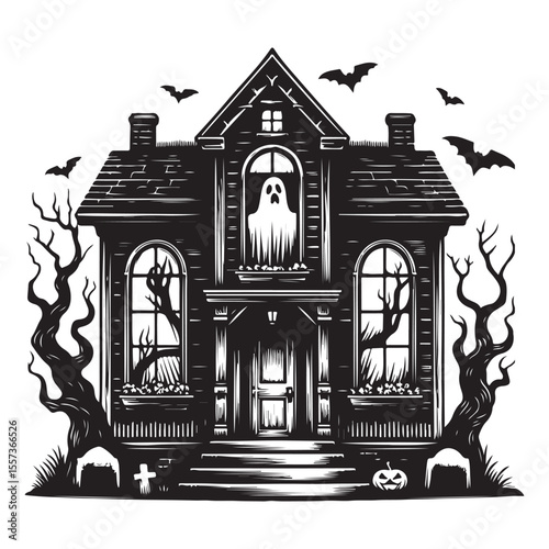 Scary haunted house window, vector image