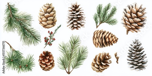 Watercolor illustration of pine cones, branches, and berries