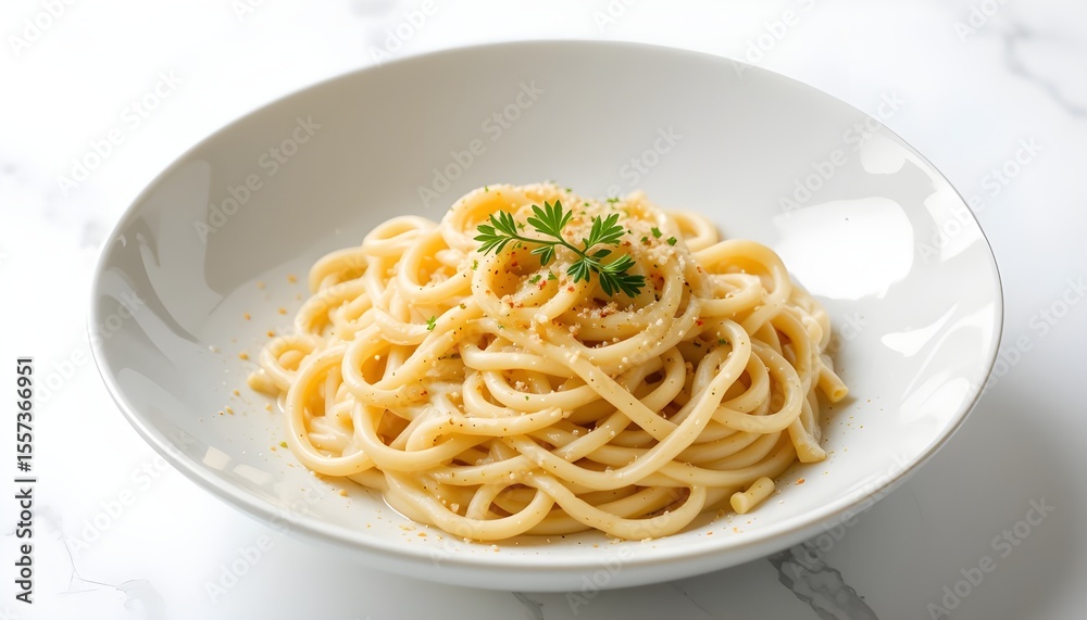 A white bowl filled with spaghetti garnished with fresh parsley. A white bowl filled with spaghetti garnished with fresh parsley.