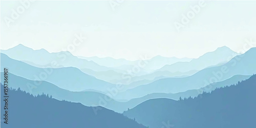 Layered sky blue landscape with foggy silhouettes of mountains and minimalist peaceful tones

