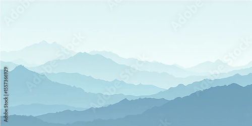 Minimal blue foggy mountain landscape with airy gradient tones and peaceful layered scenery

