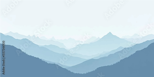 Soft misty mountain scene with blue horizon and subtle layered pastel fog over distant hills

