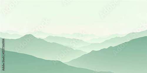 Flat green layered horizon mountain illustration in soft pastel color tones with fog and contour lines

