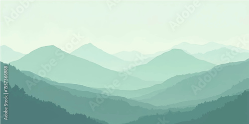 Foggy pastel mountain scenery with green gradient tones and flat artistic minimalist composition

