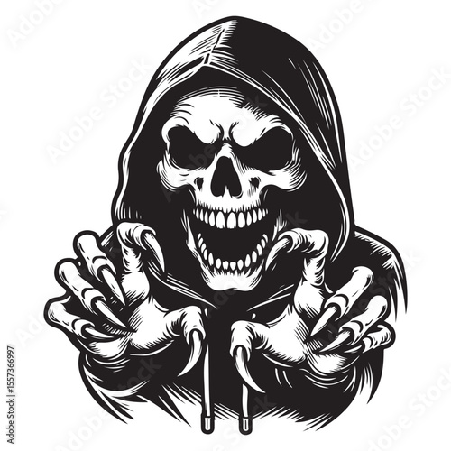 Scary skull with sharp fangs wearing hoodie with open mouth and hands with sharp claws about to grab, vector image.