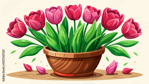 Vibrant pink tulips with thick green stems in a clay planter, petals slightly open in early bloom, rich textures on the flower surface, softly lit on a bright white background.

