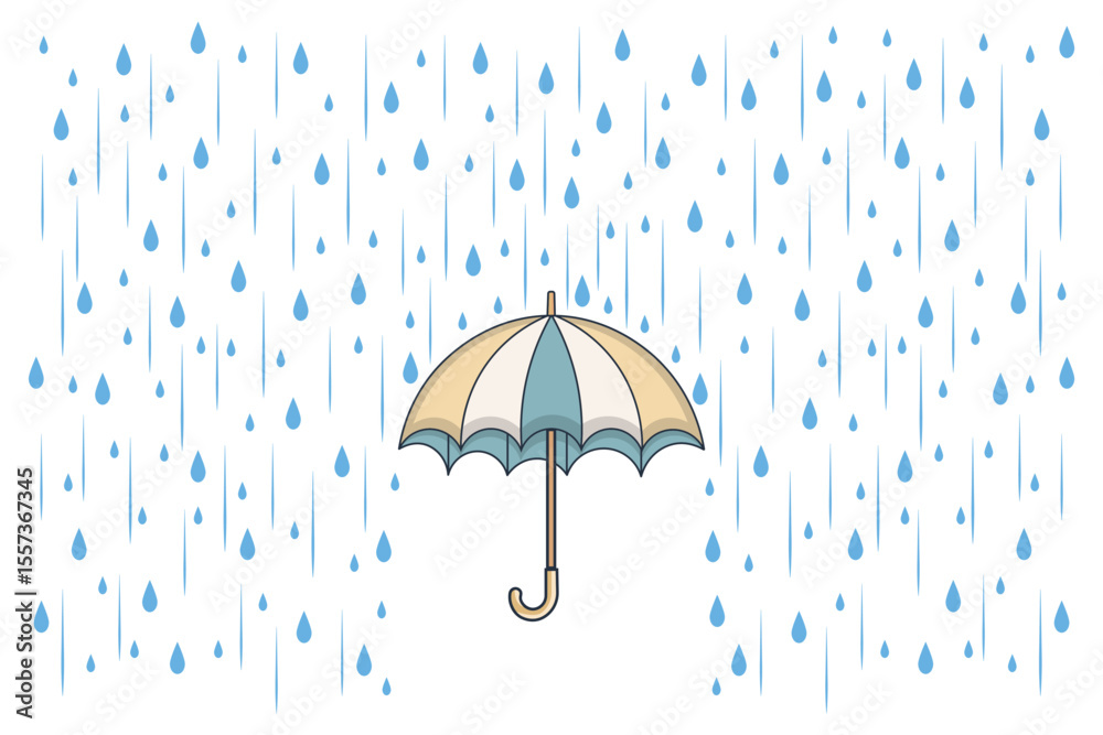 Cartoon vector of colorful umbrella and rain drops falling, flat design in pastel tones for cute weather backgrounds, kids illustrations, and print-ready art
