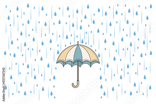 Cartoon vector of colorful umbrella and rain drops falling, flat design in pastel tones for cute weather backgrounds, kids illustrations, and print-ready art
