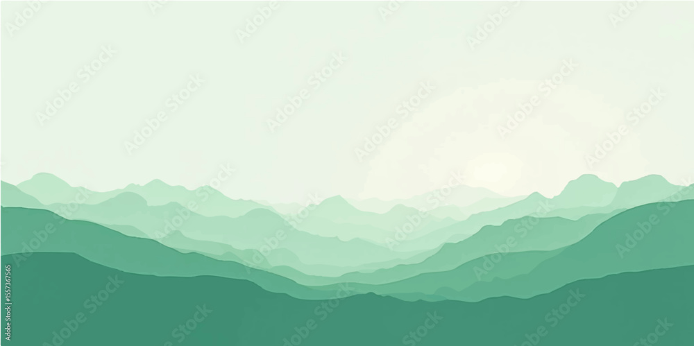 Green mountain layers with soft fog and clean pastel tone in calm modern eco style background