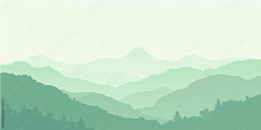 Clean green hills with soft fog layers in pastel tone for peaceful landscape illustration