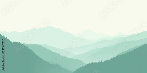 Smooth layered green hills with soft mist and eco color palette for modern natural background