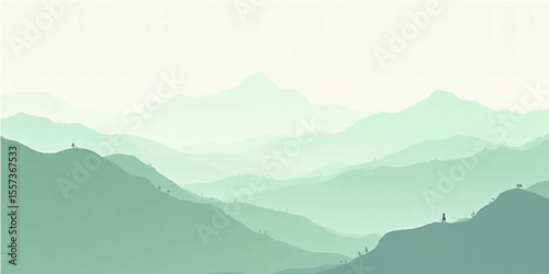 Abstract green mountain scene with soft fog and minimal pastel tones in eco-friendly design style