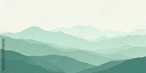  Layered light green hills in soft natural tones with pastel fog and abstract mountain design