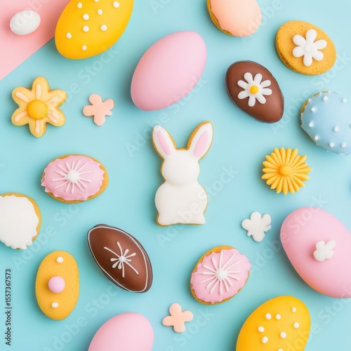 Sweet Easter Flat Lay with Colorful Chocolate Bunnies