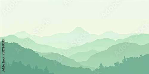 Clean green hills with soft fog layers in pastel tone for peaceful landscape illustration