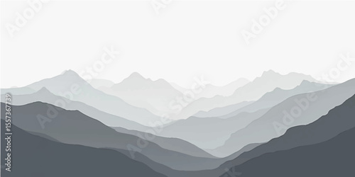 A serene mountain landscape unfolds with mist-kissed peaks, vibrant blue skies, and soft clouds at sunrise, offering a breathtaking panoramic view