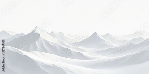 Calm grayscale layered mountains with gentle fog and snowy ridges for winter landscape concept