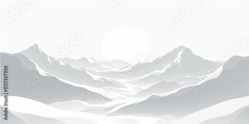 Monochrome mountain illustration with mist and distant snowy peaks in soft cold tones