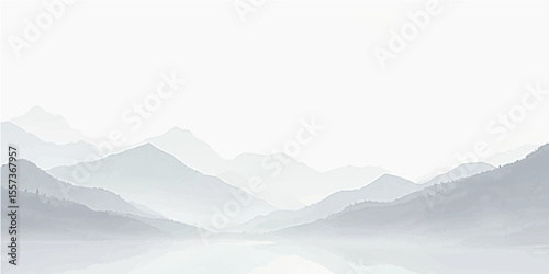 Minimal light grey mountain illustration with soft peaks and monochrome foggy winter ambiance