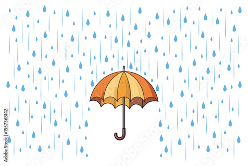 Pastel cartoon umbrella under light rainfall, flat vector illustration ideal for kids room prints, baby products, educational materials, and seamless backgrounds
