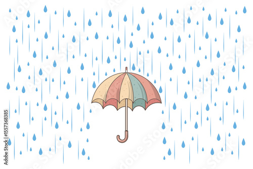 Simple umbrella with raindrops vector flat cartoon design in pastel shades, suitable for children’s educational materials, nursery visuals, and weather-themed artwork
