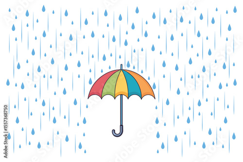 Cute umbrella in rain with falling drops, pastel cartoon vector illustration for baby books, seamless seasonal backgrounds, and kids fabric design
