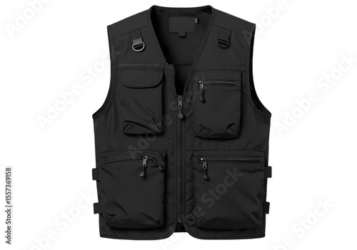 Mens MultiPocket Tactical Vest Black Utility Vest isolated on transparent background