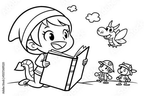 a child is reading a book for coloring book, coloring page, kids, back to school