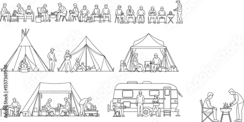 Camping people sitting, playing games, tent scenes, RV camper, group barbecue, campfire gathering, outdoor adventure, line art drawing

 flat vector illustration