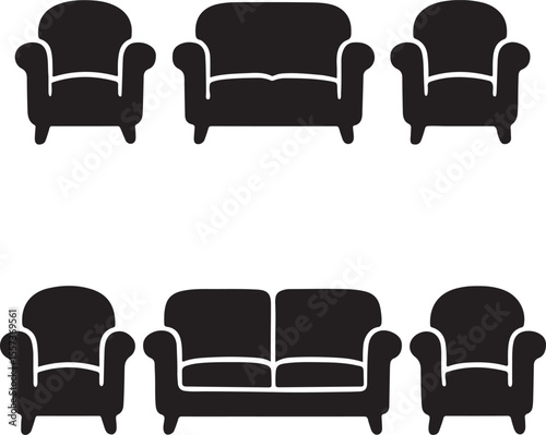 Set of black armchair and sofa icons in silhouette style
