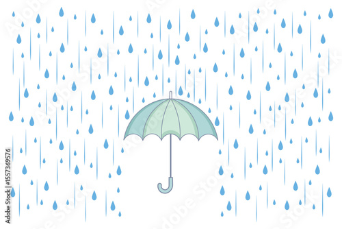 Vector cartoon umbrella in rain with pastel raindrops, flat style for nursery decorations, children’s storybook illustrations, and baby product graphics
