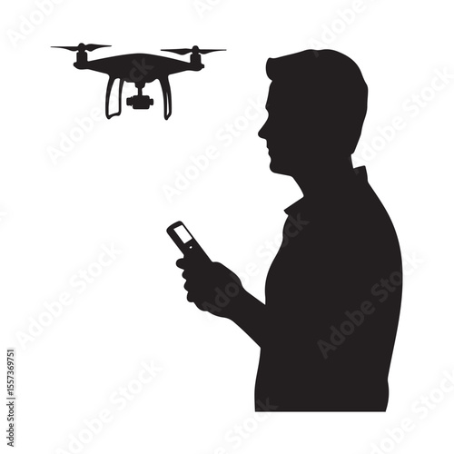 man operating drone silhouette, man operating drone vector silhouette illustration, photographer with drone silhouette vector, Silhouette of Person Operating a Drone with Remote Control