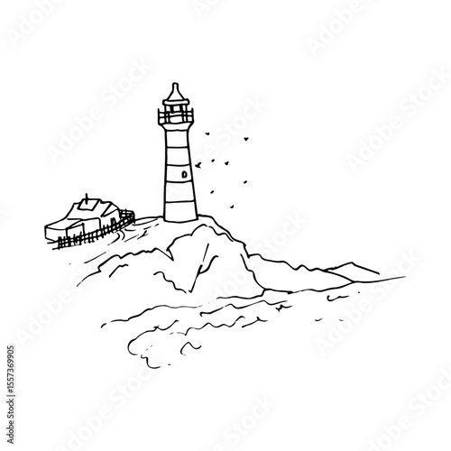 lighthouse on the edge of a rocky coast with circling seagulls and a house next to a fence - hand drawn outline drawing