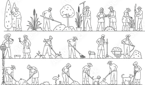 Gardening people line drawing, garden tools, planting, watering, trimming, teamwork, outdoor farming activity, landscaping, spring work illustration, farming scene

 flat vector illustration